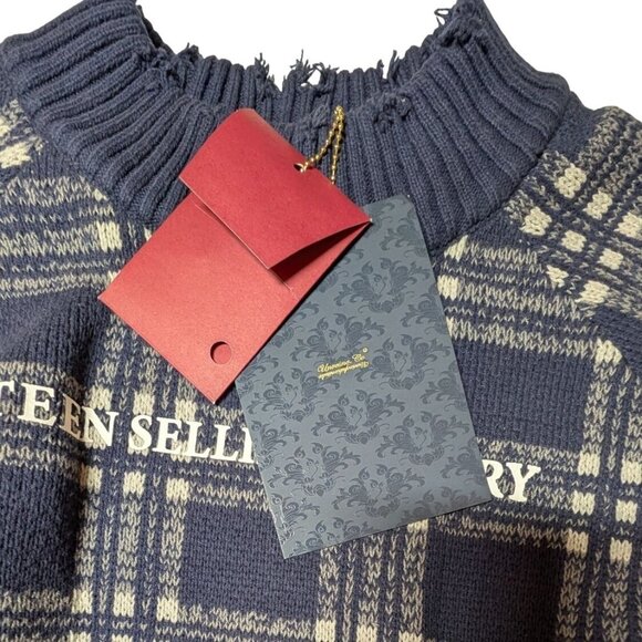 Navy Plaid Graphic Sweater NWT Mens XL Teen Selling Poetry 100% Cotton Unvesno - Picture 5 of 14